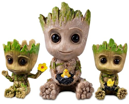 PjuQow Groot Blumentopf, 3-teiliges Set mit Baby Groot Figuren, Pflanzgefäß und Stifthalter für Zuhause und Büro, Dekorative Geschenkidee für Kinder und Fans