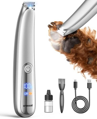 oneisall Pfotentrimmer für Hunde Katze mit LED-Licht, Hundepfoten trimmer | Kurvengestaltung, nur 160 g leicht, kabellos mit Akkuanzeige, 90 Minuten Laufzeit, 40 dB, zwei Geschwindigkeitsstufen
