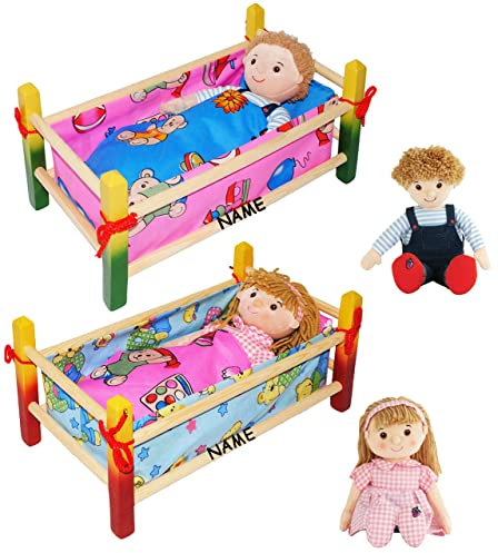 alles-meine.de GmbH Set Puppenbett aus Holz & Schmusepuppe - Junge - incl. Name - Bett aus Naturholz - 40 cm lang - incl. Bettzeug - Decke & Kopfkissen - Holz Wiege Kinderb..