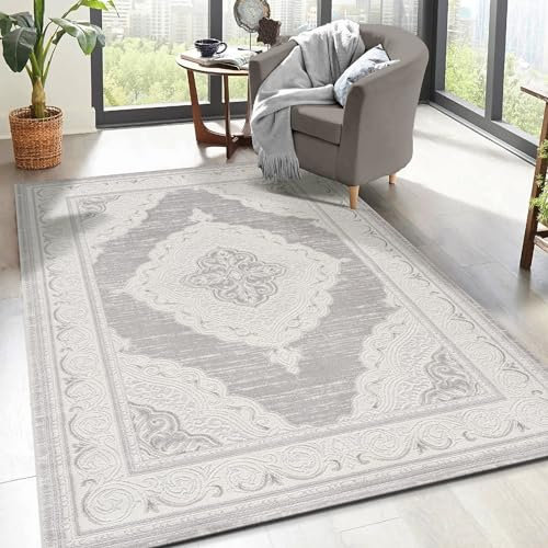 SANAT Teppiche für Wohnzimmer - Teppich Grau, Kurzflor Teppich Orientalisch, Öko-Tex 100 Zertifiziert, Größe: 160x220 cm