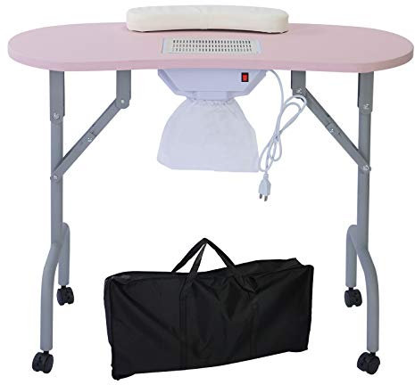 AGESISI Mesa de manicura portátil plegable con colector de polvo, mesa profesional de tecnología de uñas para técnico, spa, salón, estación de trabajo, almohadilla de muñeca para clientes, bolsa de