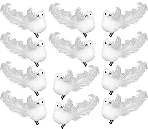 WIVAYE Künstliche Weiße Tauben (12 Stück) - Dekoration Mit Metall-Clips, Gefiederte Mini-Vögel Zum Anklipsen - Baumschmuck für Bastelarbeiten, Weihnachtsschmuck, Hochzeitsdekoration