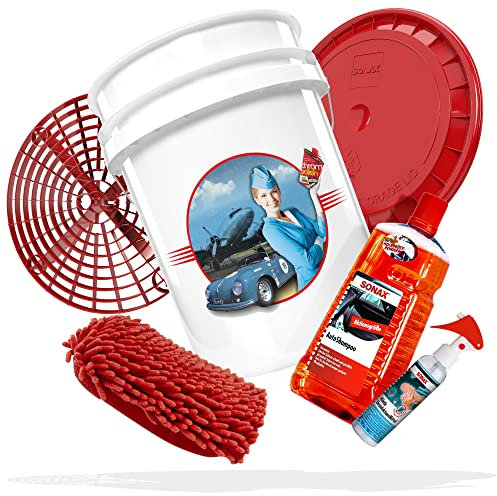 SONAX Autopflege Bundle Basis | Auto Reinigungsset - Wascheimer Stewardess mit Deckel + Grit Guard Eimereinsatz Autoshampoo 2 Liter + 2in1 Microfaser Autoschwamm