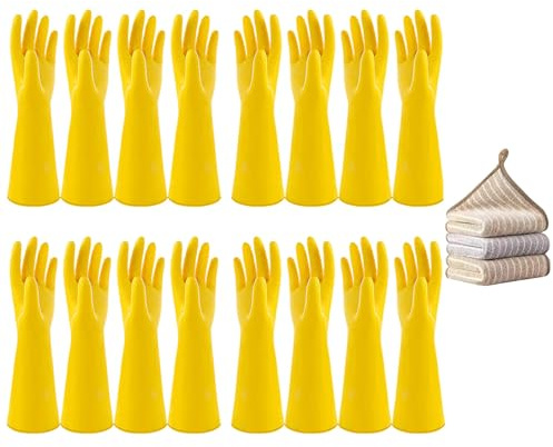 Vsootal 8 Paar Geschirrspülhandschuhe und 3 Küchentücher, verdickte wiederverwendbare Küchenreinigung, Badezimmer wasserdicht, rutschfest, Handschuhe kleine Größe, rot (gefüttert) + gelb (ungefüttert)