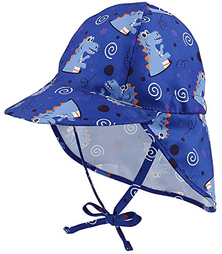 Malaxlx Kleinkind Sonnenhut Dinosaurier Dunkelblau Sommermütze Kinder Schirmmütze mit Nackenschutz und Bindebändern Mütze Flapper UV Schutz Strand Hut für 2-5 Jahre Mädchen Jungen