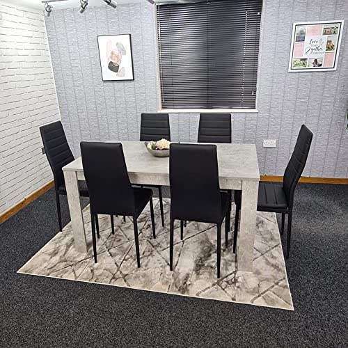 KOSY KOALA Dining Table and Chairs Set - Light Grey Kitchen Table with 6 Black Faux Leather Dining Chairs - Modern 6 Seater Kitchen Room Furniture Set with Sturdy Legs - 140 x 80 x 75 cm