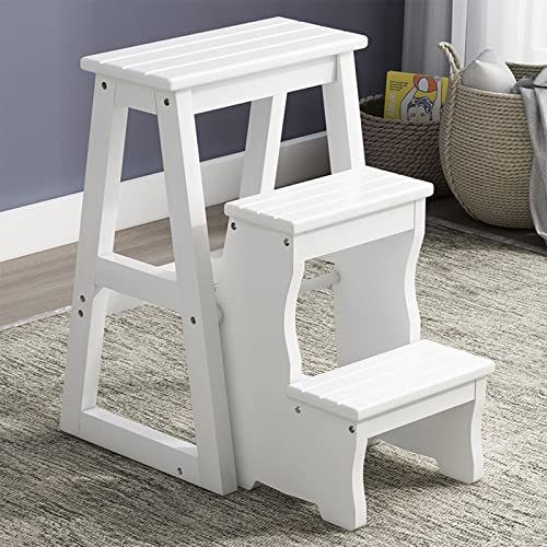 Hamankim Bianco Scaletta Sedia Sgabello 3 gradini in Legno Grandi gradini Scaletta Multifunzione Pieghevole Cucina Gradino di Sicurezza Antiscivolo per Biblioteca Casa e Cucina