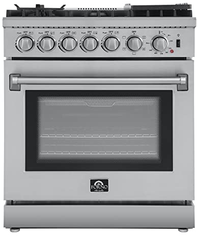FORNO Lazio Dual Fuel 30″ Inch. Gas Range Electric Oven Freestanding 5 Sealed Burners 69,500 BTU Stove-Top Output, Electric Oven Includes Air Fryer and Griddle