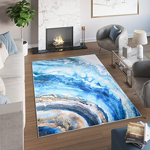 TAPISO Toscana Teppich Bedruckt Blau Gold Abstrakt Marmor 120 x 170 cm | Waschbar Rutschfest Wohnzimmer Schlafzimmer Büro Modern Design