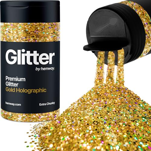 Hemway Premium Glitter Shaker - Gold Holographic | 115g Extra Chunky Metallic Flake Sequins for Resin & Epoxy Crafts | Craft Supplies for Tumblers, Festival, Hair, Face, Body, Eye & Nail Art