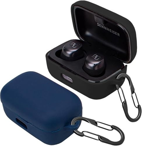 [2-Pack] easyBee Hülle Kompatibel mit Sennheiser Momentum True Wireless 3/4 [mit 2 Karabiner], Flüssiges Silikon Case Ultradünn Stoßfest Schutzhülle Bluetooth Kopfhörer Tasche - Schwarz Blau