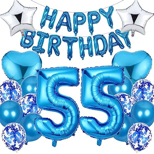 Ouceanwin Luftballon-Set 55. Geburtstag Mann, Blau, 19 Stück, Happy Birthday Deko, Ballons, Banner, Herz, Stern, Latex, Foil, Biologisch abbaubar, Männer, 55. Geburtstag, Erwachsene Männer