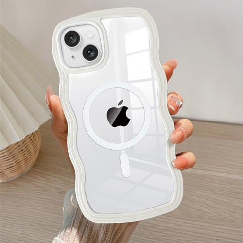 QLTYPRI Magnetisch Hülle für iPhone 13/14 Handyhülle [Kompatibel mit MagSafe], Aesthetic Klar Wellen Rahmenform Silikon TPU Case für Mädchen Frauen Stoßfeste Schutzhülle - Weiß