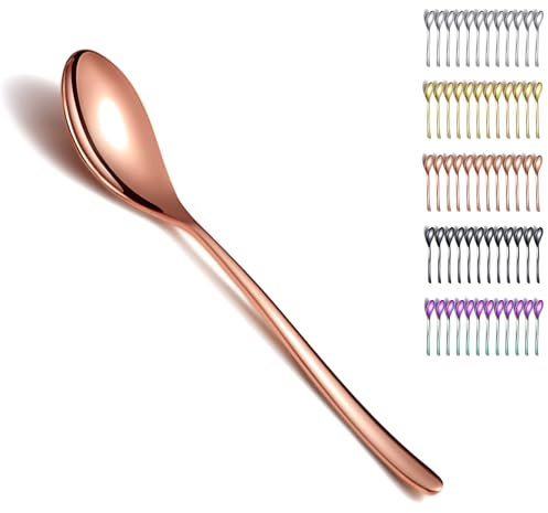 Kyraton cucharas de oro rosa 12 piezas de 19 cm de acero inoxidable con revestimiento de titanio, cucharas de cena de oro rosa, cucharas de postre, juego adecuado para cualquier cena.