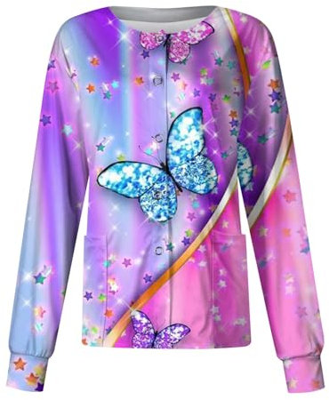 DHYUEN Krankenschwester Kleidung Damen Karikatur Motiv Medizinische Berufsbekleidung Trendfarben Weihnachtspullover Arbeitskleidung Pflege Damen Haustierpflege Kasacks Damen Pflege(2-Purple,3XL)