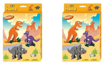 Hama Perlen 3434 Geschenk-Set Dino mit ca. 2.000 bunten Midi Bügelperlen mit Durchmesser 5 mm, Stiftplatte, inkl. Bügelpapier, kreativer Bastelspaß für Groß und Klein (Packung mit 2)