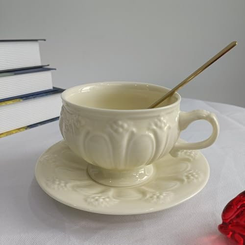 RYHMHA Set di tazze da caffè e piattini in ceramica fatti a mano, set da tè reale, 300 ml, crema