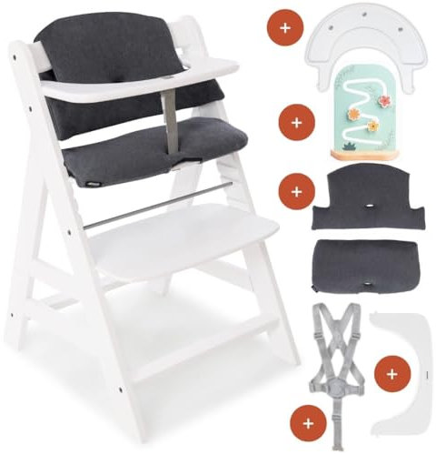 hauck Seggiolone Pappa Alpha Plus con Vassoio per Giochi in Legno, Cuscino - Seggiolone Evolutivo Legno dai 6 mesi - Bianco, Grigio scuro