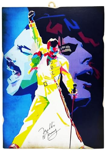 KUSTOM ART Quadro da Parete Serie Cantanti Celebri Freddie Mercury Autografo Stampa su Legno 25x18 cm.