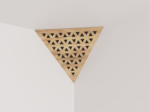 2er-Pack – Akustik-Eck-Decken-Bassfalle „Dreieck“ | Schallabsorbierender Akustikschaum mit perforierter, laminierter HDF-Platte für Diffusion | Seite: 42 cm | Farbe: [TRI | Eiche]