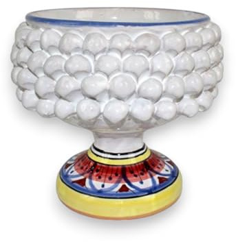 Vaso In Ceramica Bianco Pigna Siciliana Artiginale con Gambo Figure Geometrico Porta Fiori Piante Per Interno O Esterno Verde 20 cm
