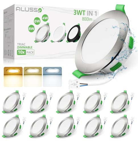 ALUSSO LED Einbaustrahler 230V Dimmbar 68mm LED Spots Flach, 3WT 4W 6W 8W 3CCT 3000K Warmweiß 4000K Neutralweiß 6500K Kaltweiß IP44 Einbauleuchten für Badezimmer Küche Wohnzimmer, 10er Set