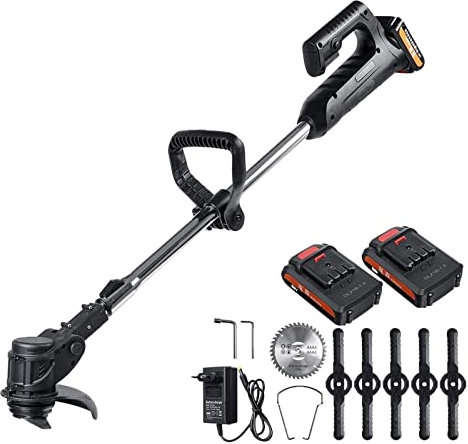 24V 1000W Cordless Electric Lawn Mower 10000RPM Wireless Grass Trimmer Kit with 2 Li-Ion Battery Adjustable Handle Garden Tools