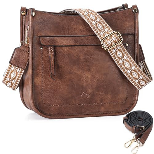 Kasgo Umhängetasche Damen, Handtasche Mode Crossbody Bag Mittelgroß Schultertasche Frauen Mit 2 Verstellbarem Gitarrengurt für Reisearbeit Täglich Braun