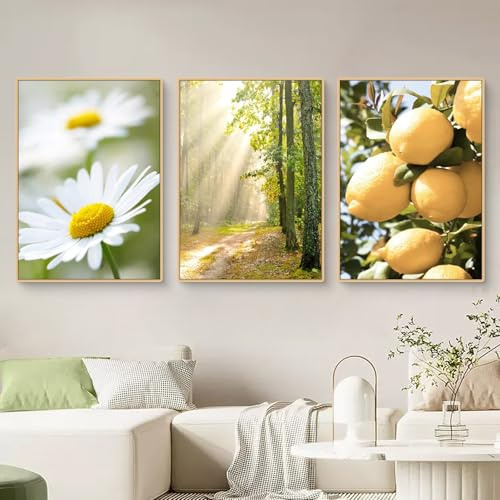 Viusneun Moderne Poster Set 3 Stück Blume-Zitrone-Natur Wanddeko Bilder Schlafzimmer Deko Wohnzimmer Wandbilder Leinwand Kunstdruck Bild ohne Rahmen (21x30cm)