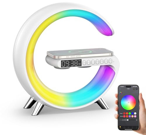 Smiling Shark Lichtwecker, Intelligente Wecker Licht Atmosphärenlicht mit Kabelloses Ladegerät Bluetooth Lautsprecher Dimmbar Naturgeräuschen App Steuerung Sonnenaufgang Licht Wecker für Wohnzimmer