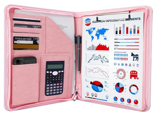 GraduationMall Schreibmappe A4 Reißverschluss, Klemmbrett Business Mappe Konferenzmappe, Dokumentenmappe Leder, Portfolio Padfolio Rosa