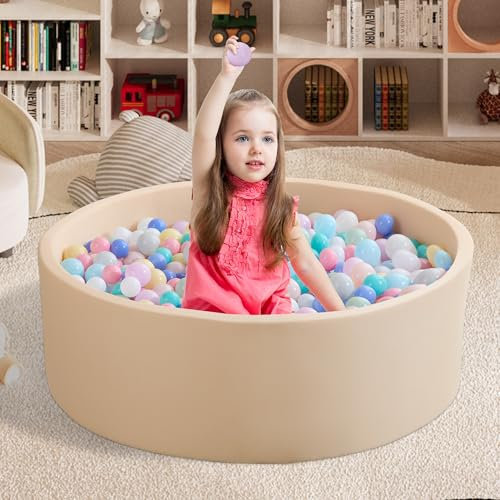 Zedachica Piscine à balles ronde en mousse, 90 x 30 cm, pour enfant à partir de 1 an, pour l'intérieur et l'extérieur, convient aux filles et garçons, beige