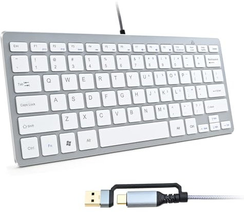 Upgraded Powboro Compact USB C Mini 78 Scissor Key Keyboard, Portable USB Slim Wired Keyboard for PC, Laptop, Desktop, Windows, Mac, Plug and Play Space-Saving US Layout for Office Home Travel (White)