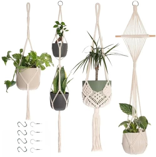 Makramee Blumenampel Hängend Innen, 4er Set Bohemian Deko Makramee Hängeampel mit Haken, Baumwollseil Blumentopf Hängend, Bohemian Zimmer Deko Aesthetic, Hängepflanzen Topf für Balkon Fenster Deko (A)