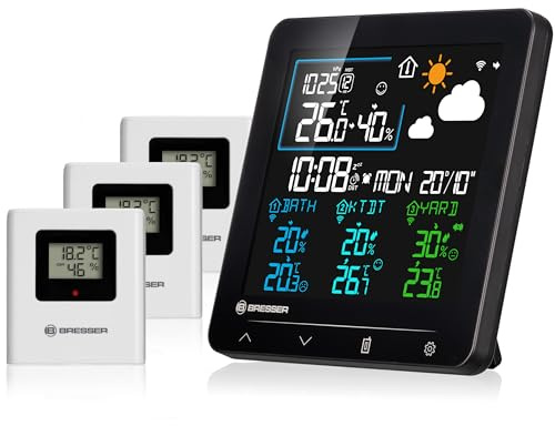Bresser Quadro Individio Wetterstation NV mit 3 Außensensoren, integriertem Thermo-Hygrometer, 4 Messwerten und Luftdruckhistorie sowie Weckfunktion