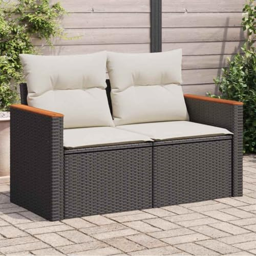 HaoChrymec Gartensofa mit Kissen 2-Sitzer Schwarz Poly Rattan, Modulares Design, Abnehmbare Kissenbezüge, Ideal für Balkon, Garten oder Terrasse, Outdoor Lounge Möbel, 124 x 62 x 69 cm