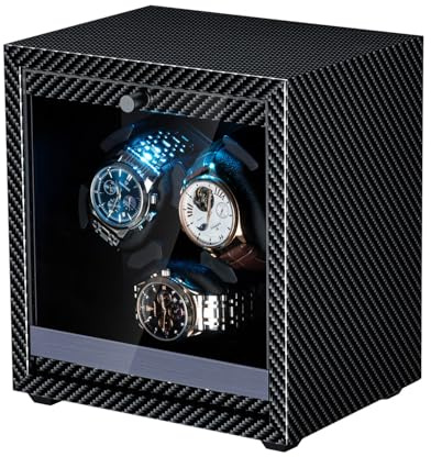 Mcbazel Uhrenbeweger 3 Uhren, Automatischer Uhrenwinder mit LED-Licht, Watch Winder Leiser Motor Eleganter Uhrenwinder für 3 Uhren bis 45 mm, 4 Rotationsmodi, USB DC Betrieben - Carbonfaser-Muster