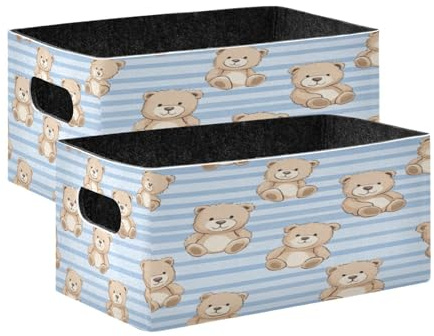 Kcldeci Teddy Bears Stripe 2 Pack Storage Baskets for Organizing,Sturdy Foldable Storage Bins Organizer for Shelves Closet Nursery