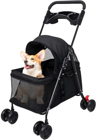 Poussette pour chats et chiens de petite et moyenne taille - Poussette pliable à 4 roues - Poussette pliable pour chien et chat - Avec porte-gobelet et fenêtre en maille visible (noir)