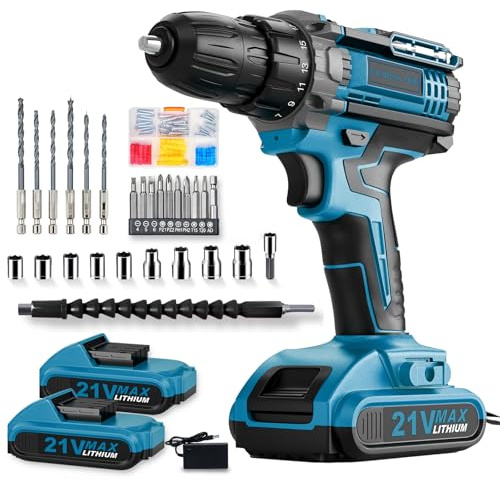 Cordless Drill Set, PowerDrill Driver and Screwdriver Set with 2 Batteries, 10mm Keyless Chuck, 42Nm Max, 25+1 ElectricDrill, Power Combi BatteryDrill Set with 90 Accessories for Home DIY