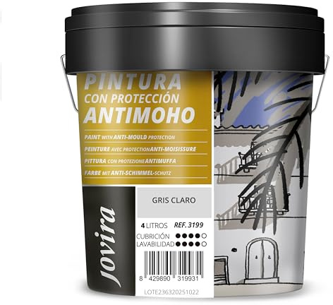 JOVIRA PINTURAS Pittura Antimuffa. Previene la muffa. Resistente alla comparsa di muffe sui muri. Aspetto opaco. (4 Litri, Grigio Chiaro)