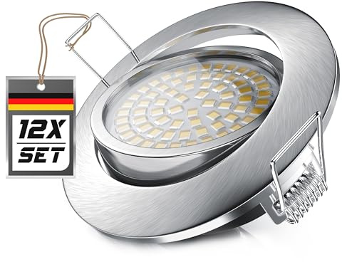 Brandson - 12x LED Deckenspot dimmbar und schwenkbar - Ultra Flache Spots Einbauleuchte - Einbauspot Deckenstrahler - Slim Aluminium Rahmen Edelstahl Optik - Abstrahlwinkel 120 Grad - 230V