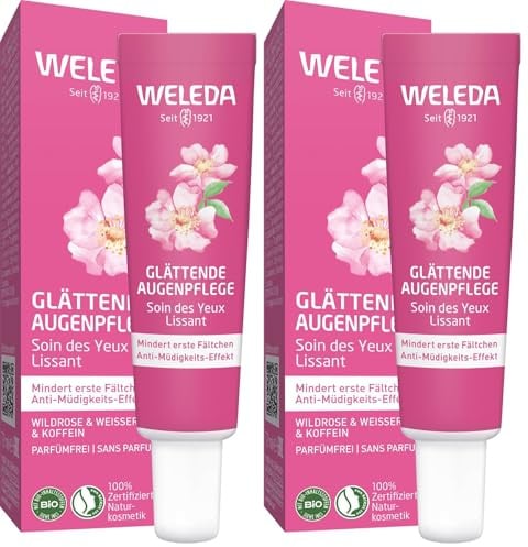 WELEDA Bio Glättende Augenpflege Wildrose & Weißer Tee - Naturkosmetik Natural Aging Augencreme mit Age Protect Complex & Koffein mindert erste Fältchen & verringert Augenringe (vegan, 12ml)