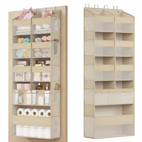 SONGMICS Organizer da Porta, 9 Scomparti, Portaoggetti da Appendere Pieghevole, 4 Ganci in Metallo, Trasparente, Beige Sabbia RDH009LF01