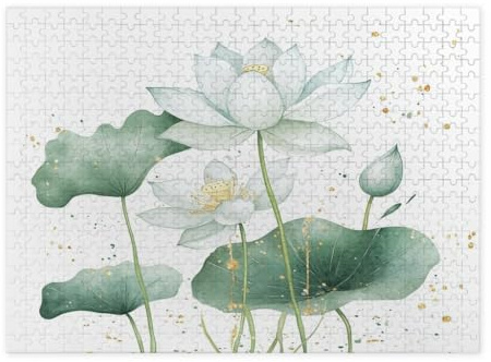 Spring Lotus Flower Puzzle für Erwachsene, 500 Teile, Aquarell, japanisches Blumenmuster, Holzpuzzles, cooles japanisches malerisches bedrucktes Dekor für Unterhaltung, kreativ
