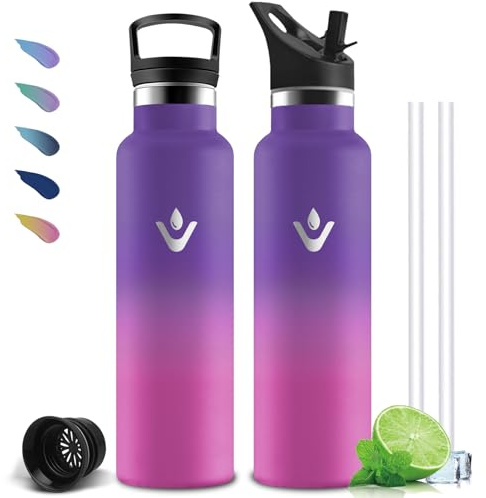 Gourde Isotherme, Gourde 1l, Sans BPA, Gourdes avec Paille, Anti Fuite, Acier Inoxydable 18/8, Double Isolation, Gourdes pour Randonnée, Camping, Aptitude, Sportif