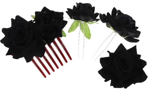 Cabilock Pinces à Cheveux Mariée 4 Pièces en Tissu Noir avec Peigne Latéral à Roses, Clips de U et Broche Fleurie, Accessoires Coiffure Féminins pour Mariage, Fête et Demoiselles D’honneur