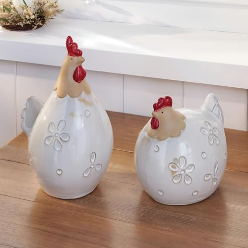 Dekoleidenschaft 2X Dekofigur Huhn & Hahn aus Porzellan, 14 + 22 cm hoch, Osterdeko mit Blumenmuster, Frühlingsdeko