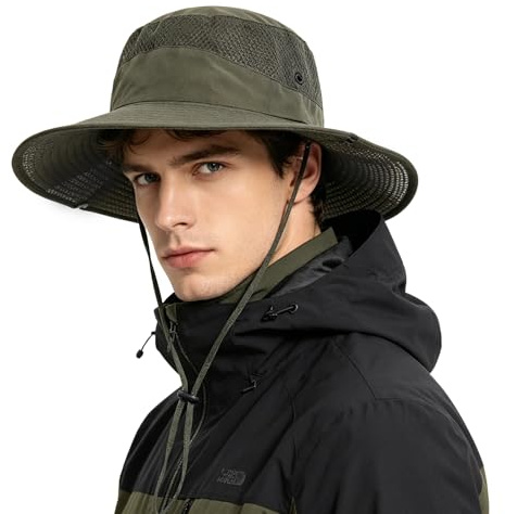 Shyllin Sombrero Hombre, Gorro Pescador Lluvia Ala Ancha,Boonie Gorras y Sombreros Protección UV Malla Transpirable,Sombrero de Sol Verano Bucket Hat,Safari,Trekking,Pesca,Senderismo (Verde militar-2)
