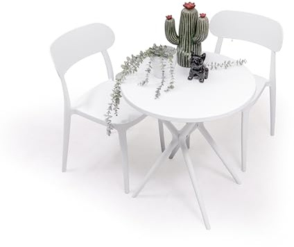Homely® Conjunto de jardín con Mesa Redonda velador JARA 65 + 2 Sillas | Diseño Moderno y apilable | Silla de terraza, jardín, balcón | Mesa PP Resistente Textura Rejilla y Limpieza facíl | C/Blanco